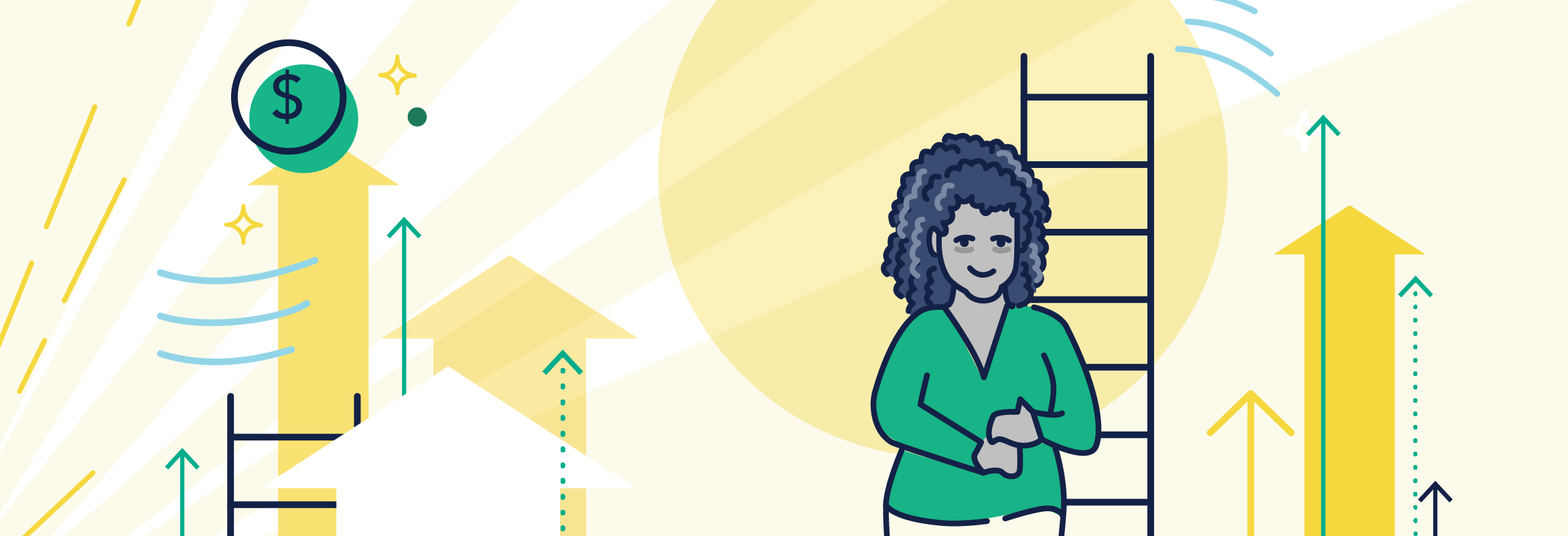 Woman in green shirt stands next to a ladder and is surrounded by arrows pointed up. A USD currency sign is to her left. The image is intended to convey the power of upskilling to allow for greater financial freedom and upward employment mobility.